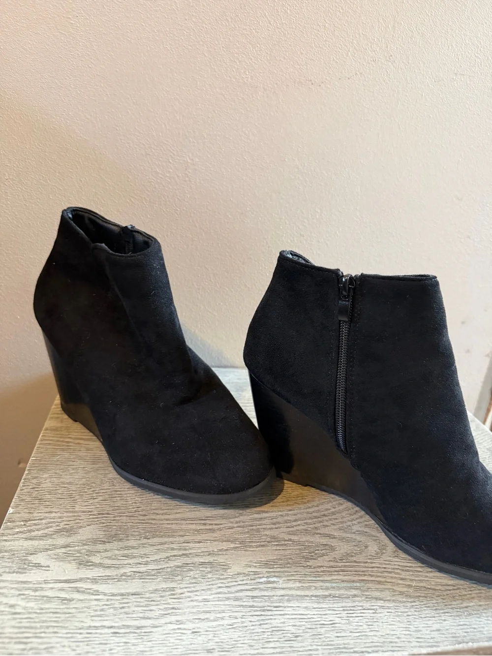 Black Suede Wedge Ankle Bootie - Women's